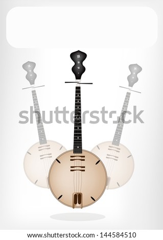 Music Instrument, An Illustration Brown Color of Banjo or Dan Nguyet with White Label for Copy Space and Text Decorated