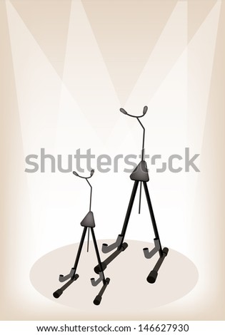 Music Equipment, Illustration of Two Empty Guitar Stand or Violin Stand on Brown Stage Background with Copy Space for Text Decorated