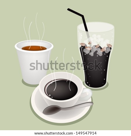 A Cup of Black Coffee, Takeaway Coffee and Iced Coffee on Beautiful Green Retro Background