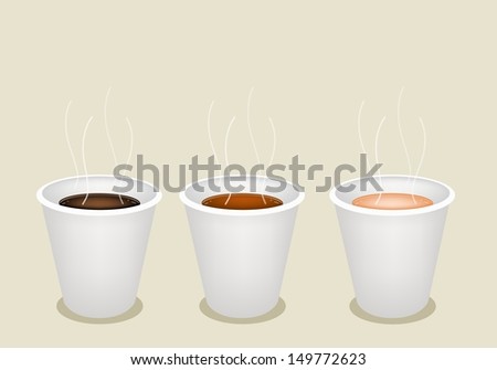 Coffee Time, Different Types of Coffee in A Disposable Cup on Retro Light Brown Background with Copy Space for Text Decorated