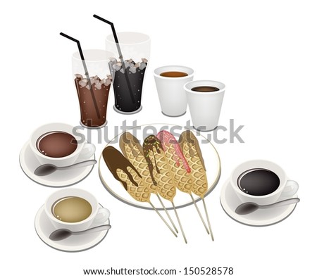 A Group of Black Coffee, Takeaway Coffee and Iced Coffee Served With Homemade Corn Dogs or Hot Dog Waffles in Various Flavors