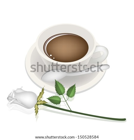 Coffee Time, A Smoking Hot Coffee with A Beautiful Rose Served as A Beverage With Cream or Milk on Retro Blue Background
