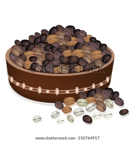 Coffee Time, An Illustration of Different Roasted Coffee Beans in A Wooden Bucket Isolated on A White Background