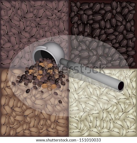 Coffee Time, An Illustration of Metal Portafilter of Espresso Coffee Machine on Roasted Coffee Beans Background