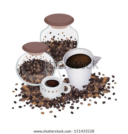 Coffee Time, A Cup of Coffee and A Measuring Cup with Roasted Coffee Bean in Glass Jars Isolated on White Background