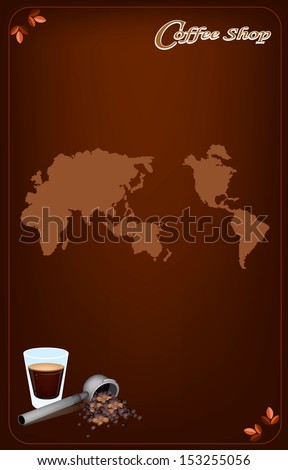 Coffee Menu, A Shot of Hot Coffee with A Beautiful White Rose and Coffee Beans in Portafilter on World Map Background for Restaurant, Cafe, Bar, Coffeehouse and Coffee Shop