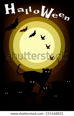 Halloween Background of Black Terrible Halloween Cats with Halloween Bats in Halloween Celebration