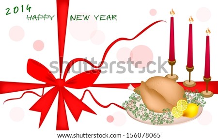 A White Card of New Year\'s Dinner With Red Bow and Ribbon for 2014 New Year Greeting Card
