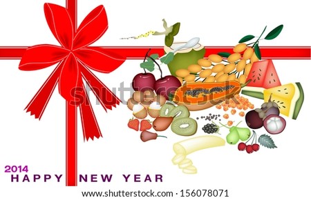 An Illustration Various Kind of Mineral Foods or Fruit for 2014 New Year Greeting Card and Voucher