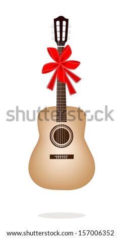 An Illustration of A Single Classical Guitar with Red Ribbon and Bow, A Perfect Gift or Present for Someone Special.