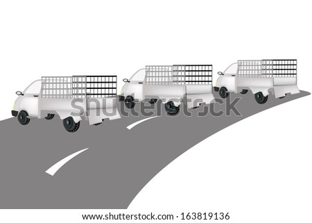 Illustration of Three Pickup Cargo Truck on The Road for Trucking Products and Materials, Ready for Shipping or Delivery.