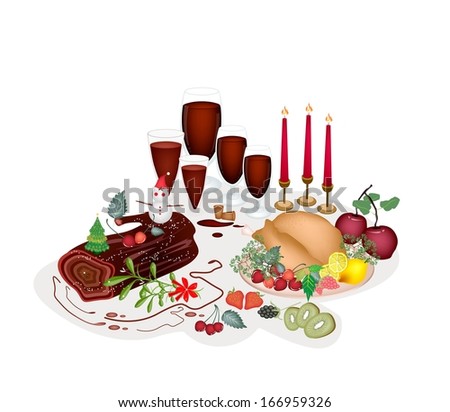 A Traditional Christmas Dinner of Roast Turkey, Fruits, Red Wine and Christmas Cake or Yule Log Cake for Christmas Celebration.