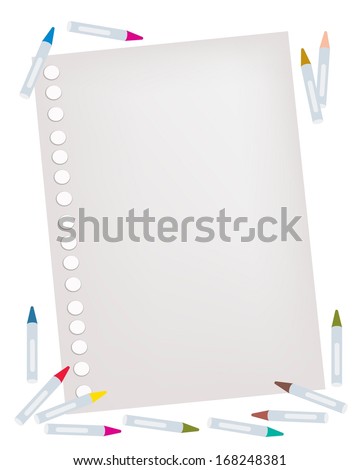 Art Supply, Various Colors of Crayons Lying Near A Blank Spiral Paper for Writing or Sketch and Draw A Picture Isolated on White Background.