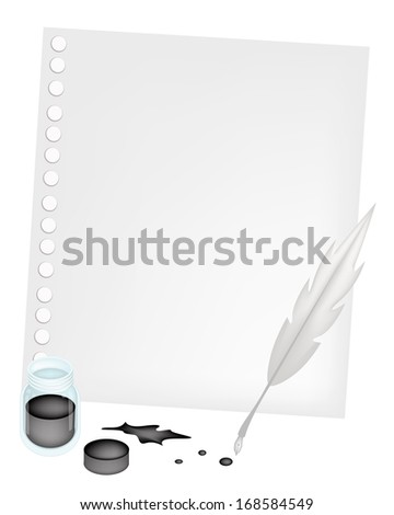 A Bottle of Black Ink Well With Feather Quill Pen for Writing on Blank Spiral Paper, Isolated on White Background.