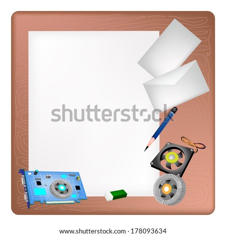 A Sharpened Pencil, Eraser, Computer Graphic Card or Video Card and Power Supply Lying on Blank Paper with A Postcard and A Letter on Brown Wooden Table.