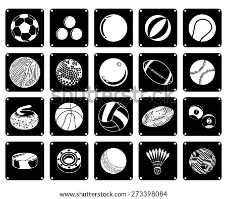 Illustration Set of 20 Assorted Icon of Sport Balls and Sport Items in Black and White Colors.