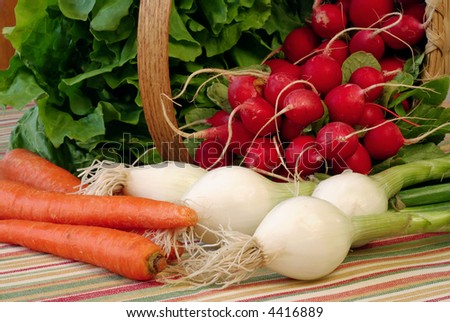 assortment of fresh produce spilling out of basket onto color coordinated tablecloth