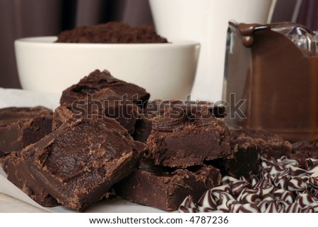 Assortment of chocolates including homemade chocolate fudge, cocoa powder, melted chocolate, and morsels.  Shallow dof