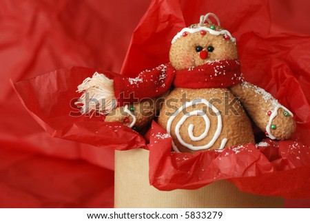 Stuffed gingerbread man ornament (made of fabric to look like a cookie) displayed popping up out of box filled with red tissue paper and sprinkled with snow glitter.  Macro image with shallow dof