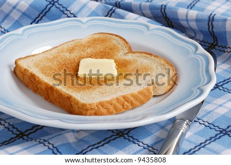 Freshly toasted, light wheat bread with a pat of melting butter on blue and white vintage plate.  Blue plaid tablecloth  as background.  Close-up with shallow dof .  Focus on the butter.