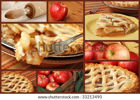 Apple Pie collage with eight photographs of baking and serving apple pie on a brown background.