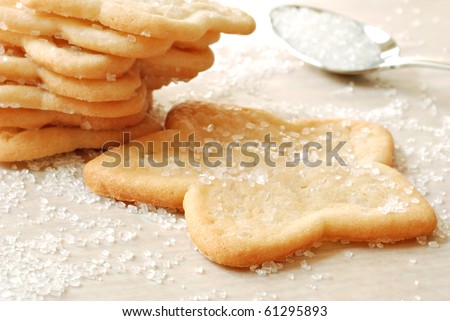 Freshly baked star shaped sugar cookies with spoonful of decorating sugar.  Macro with shallow dof.