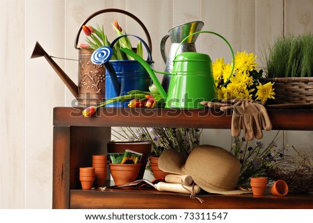 Sunlit still life with assorted gardening supplies, watering cans and fresh cut flowers.