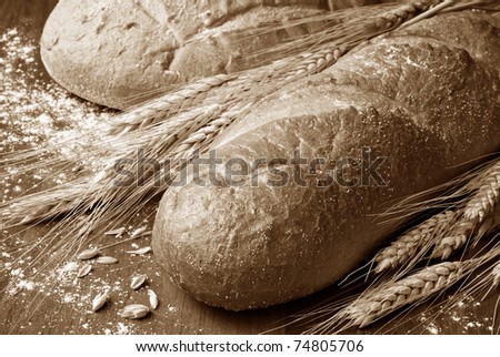 Sepia toned image of freshly baked bread with wheat and flour on wood cutting board. Macro with shallow dof.
