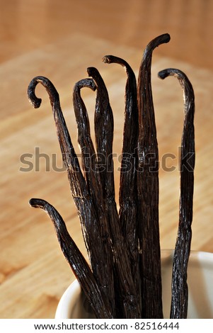 Fresh vanilla beans standing in ceramic mug with wood background.  Macro with shallow dof.
