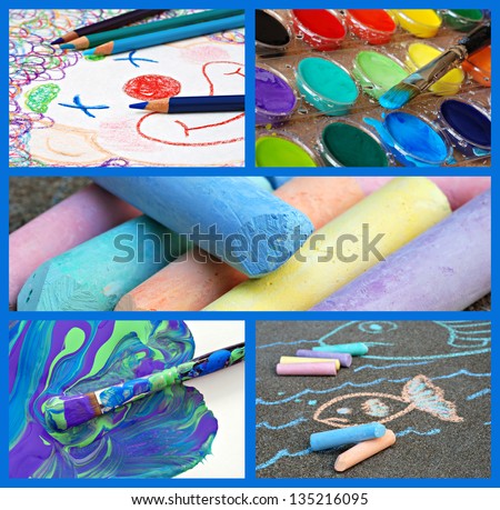 Colorful collage of kids\' artwork and supplies includes clown sketch with coloring pencils, watercolor paints, messy paintbrush, chalk, and sidewalk drawing.