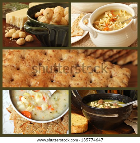 Soup and cracker collage includes freshly baked garlic cheese crackers, chicken noodle soup, whole grain crackers,  potato soup, and Italian wedding soup with garlic bread.
