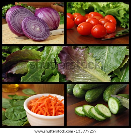 Colorful collage of fresh salad ingredients includes red onions, grape tomatoes, lettuce, baby greens, shredded carrots, spinach and cucumbers.