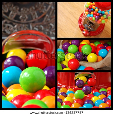 Collage of colorful bubble gum and old-fashioned gumball machine.