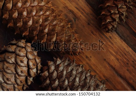 Pine cones on rustic, dark wood background.  Low key still life with directional, natural lighting for effect.  Macro with shallow dof.