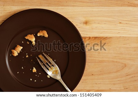 Holiday Background Image Of All That Remains Of A Delicious Piece Of Pumpkin Pie. Plate With Crumbs And Used Fork On Wood Background With Copy Space.