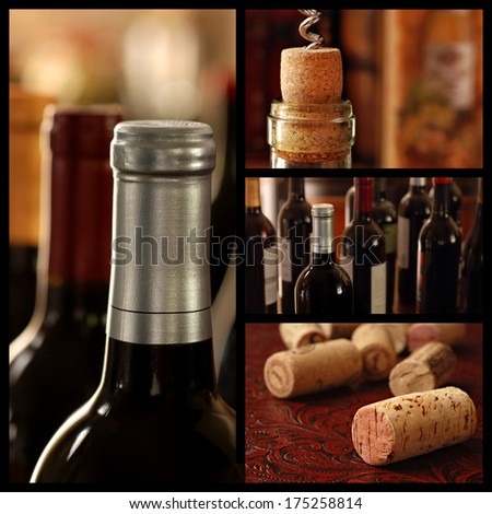Wine collage includes images of unopened bottles of fine wine and closeups of corks with shallow dof.