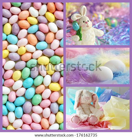 Easter collage includes a macro of speckled, pastel colored jelly beans, and still life images of eggs and easter bunnies with pastel backgrounds.