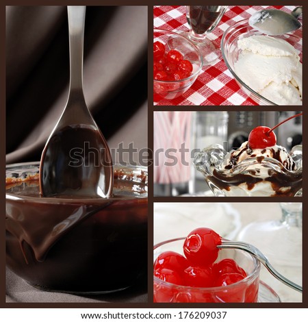 Hot fudge sundae collage.  Images include a nostalgic still life of a sundae in classic tulip dish with retro diner objects in background, bowl of hot fudge sauce with spoon, ice cream and cherries.