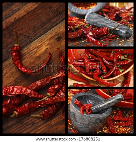 Chili pepper collage includes images of dried peppers on rustic wood, peppers spilling from ceramic bowl, and peppers being crushed into flakes in a marble mortar and pestle.