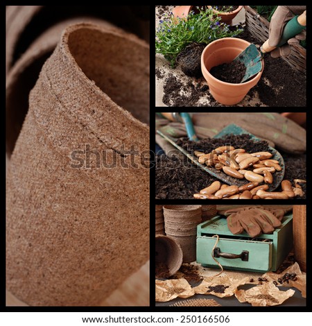 Gardening collage includes images of flower pots, garden supplies and various seeds with vintage wooden box.