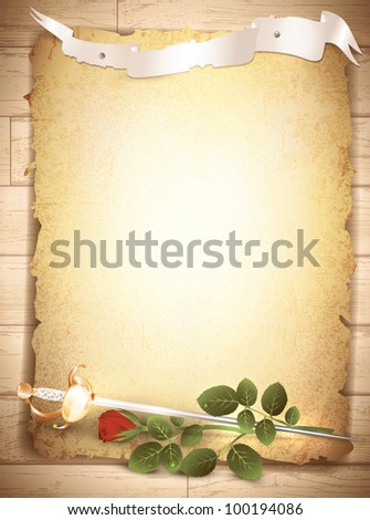 vintage grunge burnt paper at wooden background with red rose and sword