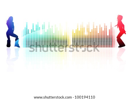 Rainbow multicolored abstract disco background with dancing girls