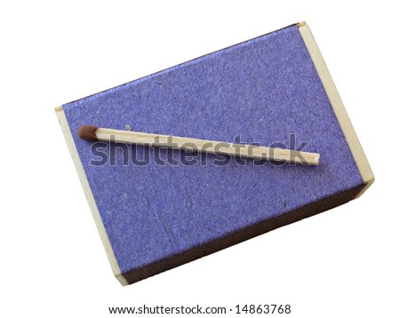 Single match at isolated match box against the white background
