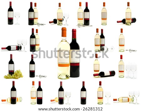 red and white wine bottles against the white background