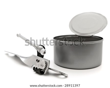 empty open tin with opener over white background