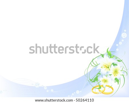  wedding card with ringsbouquet of lilies and diamonds in light blue