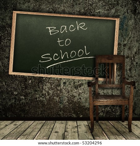 Photo of abstract grunge shabby interior with school blackboard and single chair