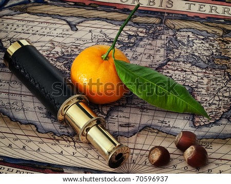 travelling theme: vintage telescope and mandarine at antique map
