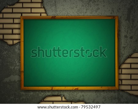 School blackboard at grunge wall with brick holes