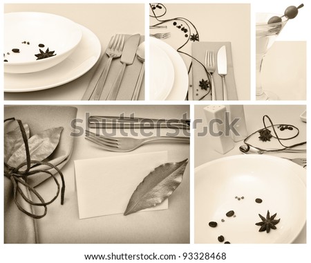 Restaurant set: creative table serving with spice, decoration and dishware